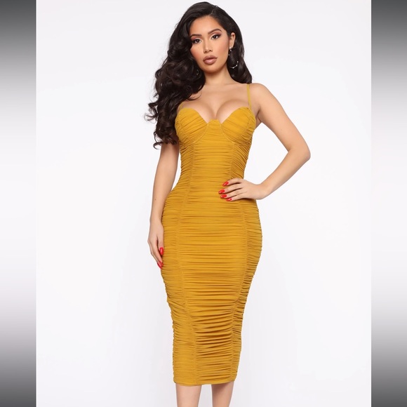 Mustard ruched midi dress - Picture 1 of 2